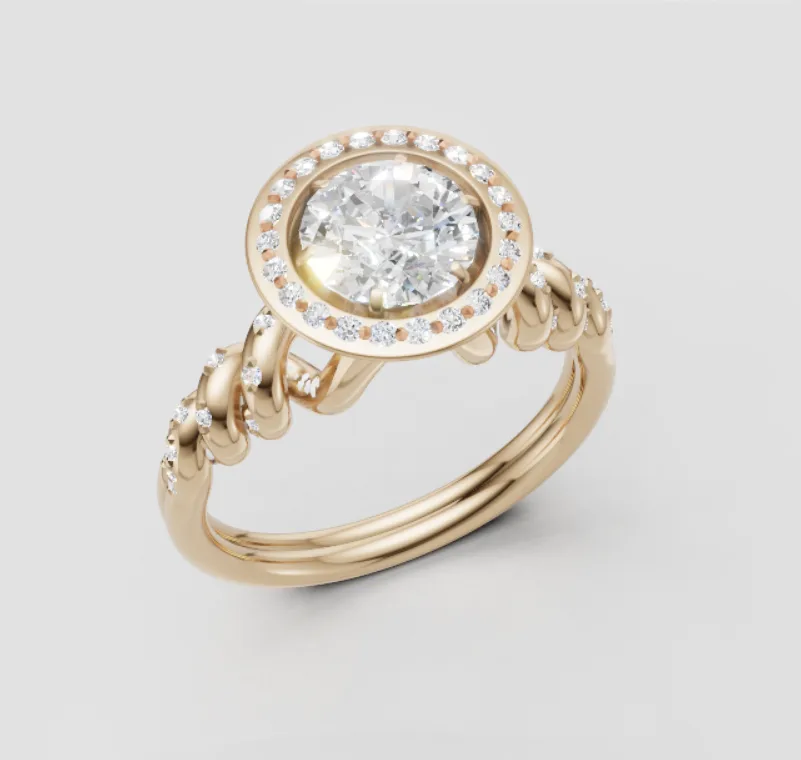 Final render: gold halo ring with oval diamond from a 45-degree angle