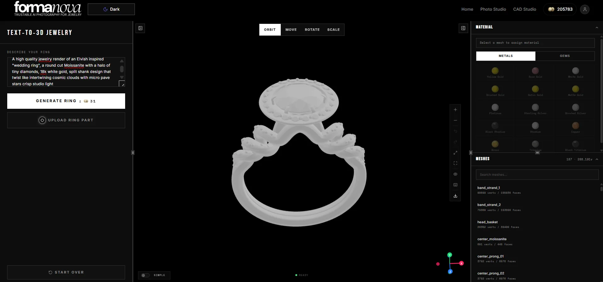 FormaNova Text-to-CAD interface showing a generated ring model with the component panel on the right