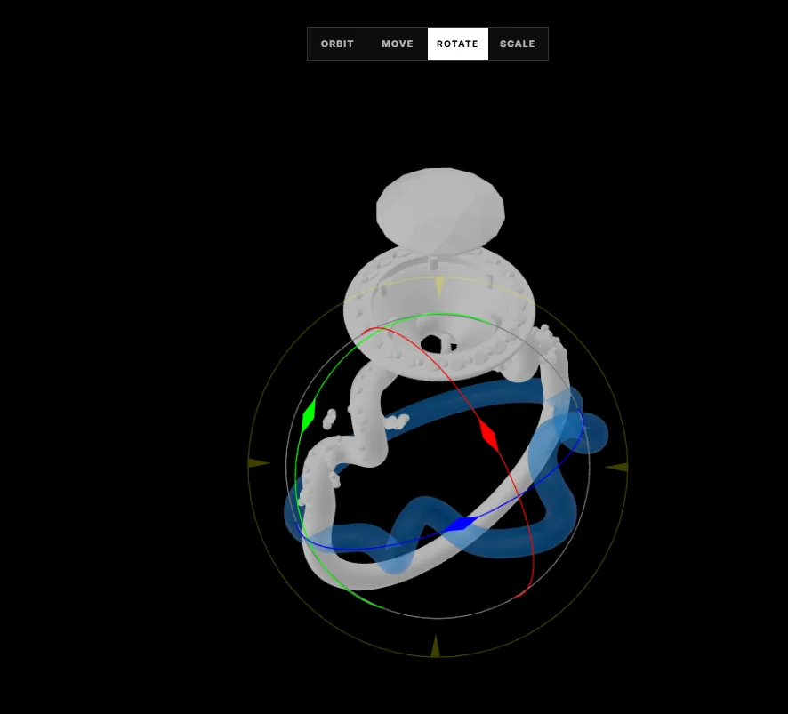 Rotating a ring component with the orbital gizmo — each mesh body is independently selectable
