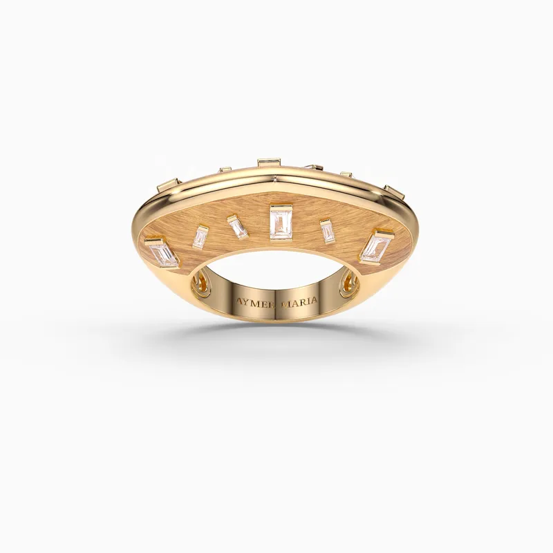 Wide dome gold ring with scattered baguette diamonds — original input design