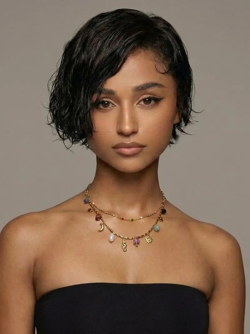 Clean Studio: neutral gray background, black strapless