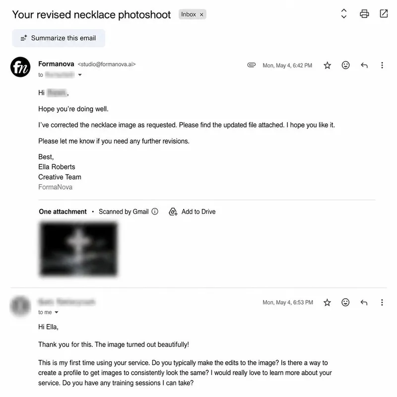 Anonymized FormaNova correction email showing human follow-through after a result needed review