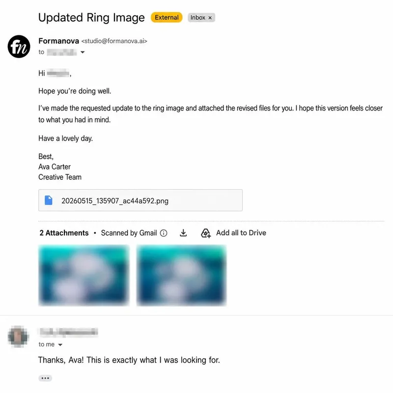 Anonymized FormaNova correction email showing human follow-through after a result needed review
