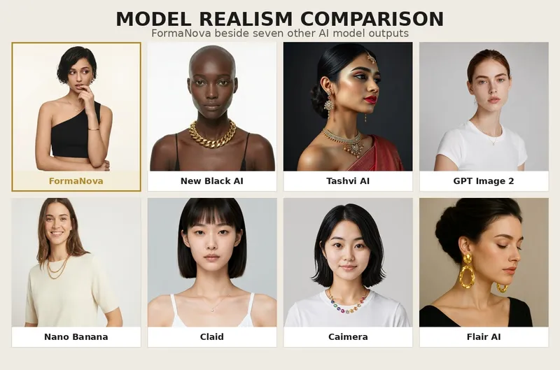 Model realism comparison grid showing FormaNova, New Black AI, Tashvi AI, GPT Image 2, Nano Banana, Claid, Caimera and Flair AI