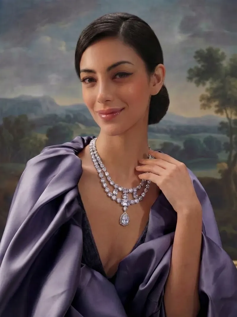 FormaNova AI's proprietary model wearing an elegant double-strand diamond necklace with a large pear-cut pendant, posed against a scenic painted backdrop.