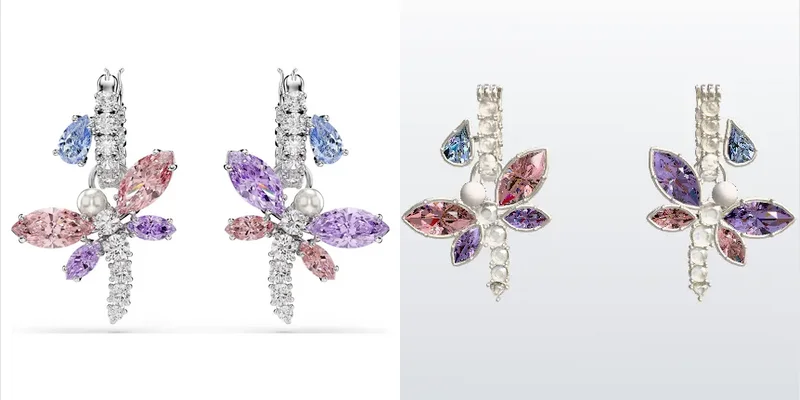 Left: a reference photo of dragonfly hoop earrings with pink, lilac and blue stones and a pearl. Right: the pair rendered from the NURBS CAD FormaNova generated