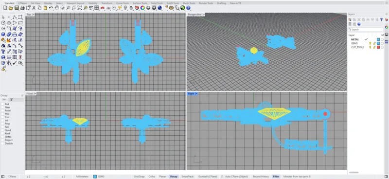 Rhino 8 showing the dragonfly hoop earrings .3dm as a NURBS wireframe in four viewports, with METAL and GEMS layers