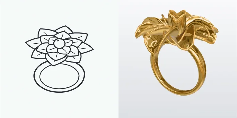 Left: a rough black line doodle of a flower ring drawn on a phone. Right: the three-tier flower ring rendered in yellow gold from the NURBS CAD FormaNova generated