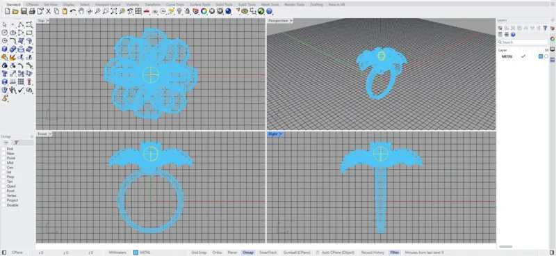 Rhino 8 showing the three-tier flower ring .3dm as a NURBS wireframe in Top, Perspective, Front and Right viewports