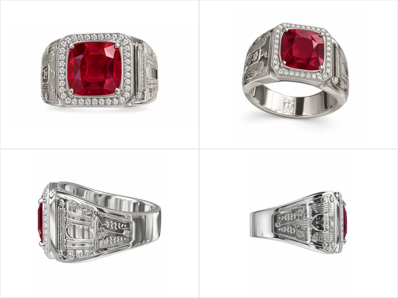 Four reference views of a white gold signet ring with a cushion-cut ruby in a diamond halo: top, three-quarter, and both engraved side panels