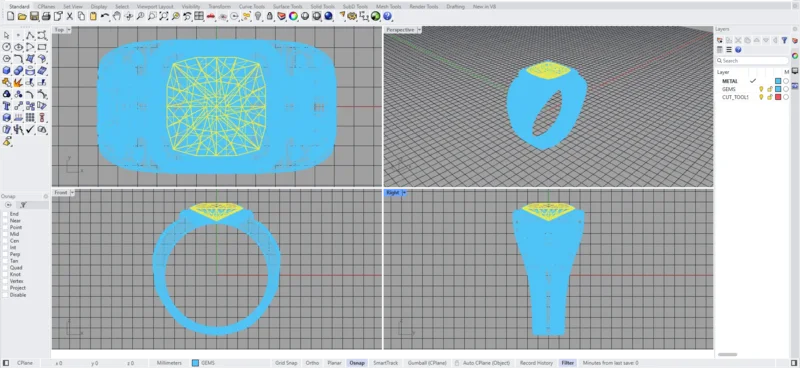 Rhino 8 showing the generated signet ring .3dm as a NURBS wireframe in Top, Perspective, Front and Right viewports, with METAL and GEMS layers