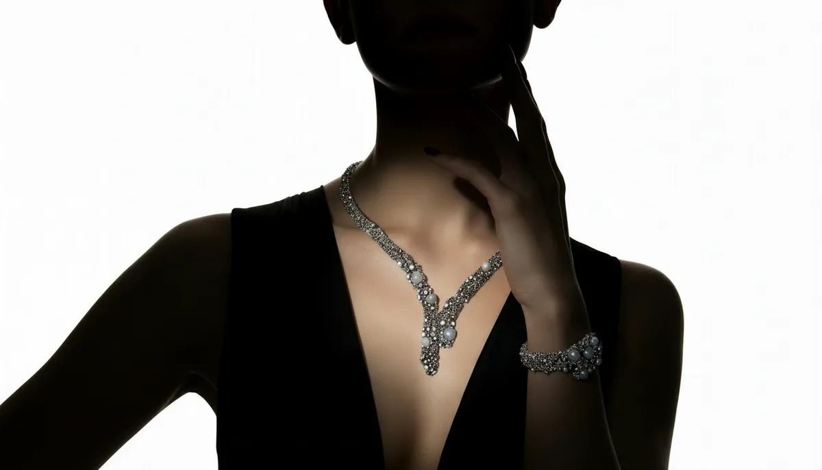 AI-generated jewelry photoshoot of a diamond necklace on a model